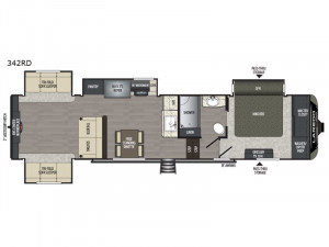 The Keystone Laredo 342RD 5th Wheel features 3-space living and a huge king bedroom with master closet.