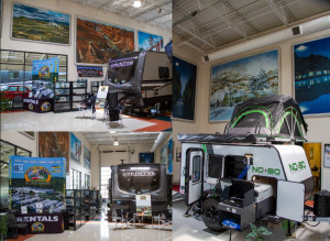 The Byerly RV showroom in St. Louis, MO features murals of RV vacation destinations across America