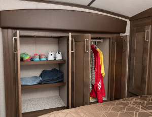 The bedroom wardrobe slide gives you a walk around bed along in this half-ton towable 5th Wheel. See the 255SRL at Byerly RV in St. Louis, MO